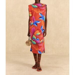 Farm Rio Floral Chita Midi T-Shirt Sleeveless Dress XS Multicolor Pink Orange